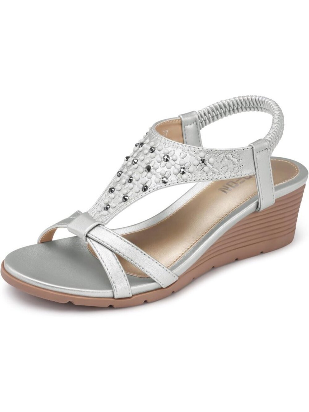 Women's All Silver Elastic Open Toe Flower Low Wedge Heels Platform Sandal Shoes